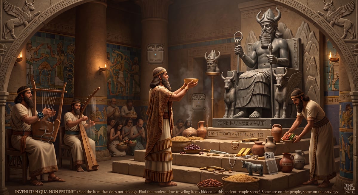 I have created a picture puzzle for you. This scene is inspired by the ancient ritual and offers a wealth of details. However, I've cleverly hidden an item that does not belong in this historical setting. Can you spot it?
