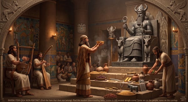 I have created a picture puzzle for you. This scene is inspired by the ancient ritual and offers a wealth of details. However, I've cleverly hidden an item that does not belong in this historical setting. Can you spot it?